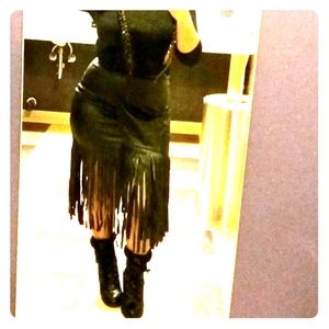 Black Faux Leather Fringed Skirt